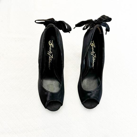 Beverly Feldman Satin Lace Up Peep Toe Heels Pump Bow Back Detail Size 8.5 - Picture 1 of 7